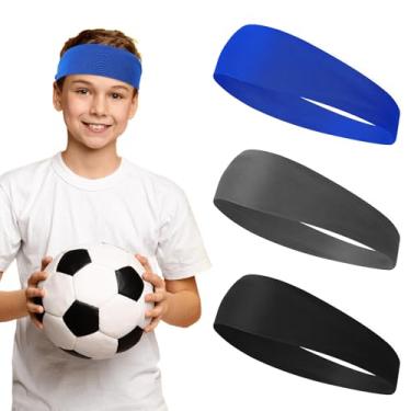 Imagem de 3 faixas esportivas para crianças, meninos, meninas, faixas de transpiração atléticas para crianças, com absorção de umidade macia, faixa de suor para futebol, basquete, corrida, tênis (preto, azul