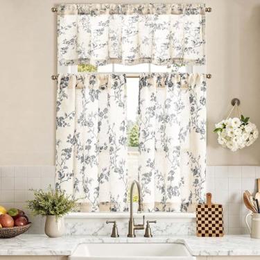 Imagem de jinchan Conjunto de cortinas florais de cozinha, 91 cm de comprimento, para casa de fazenda, café, para sala de estar, banheiro, janela pequena, tratamentos de varão, bolso para varão, 3 painéis