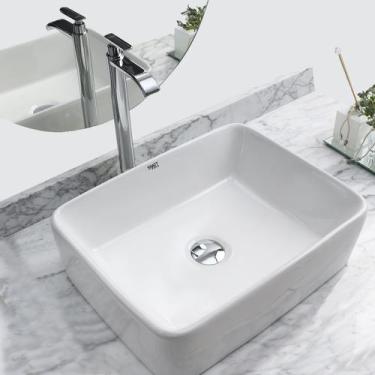 Imagem de Kit Cuba Pia Louça Cerâmica Banheiro C/ Torneira e Válv S13 - Smart No