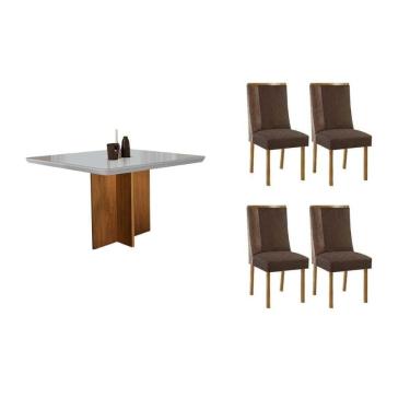 Imagem de Conjunto: Mesa de Cozinha Berlim Tampo c/ Vidro Curvo 90cm+4 Cadeiras Tilia Madeira Naturale/Off White - Capuccino/Suede Marrom - Rufato