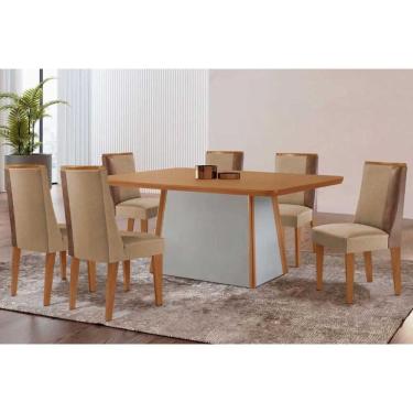 Imagem de Conjunto: Mesa Sala Jantar Tilia c/ Tampo Madeirado Canto Curvo 180x90cm e 6 Cadeiras Tilia Naturale/Off White - Linho Bege - Rufato