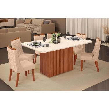 Imagem de Conjunto: Mesa de Cozinha Canes c/ Tampo Madeirado c/ Vidro Curvo 170x90cm e 6 Cadeiras Bia Freijo/Off White - Suede Kraft - DJ Móveis