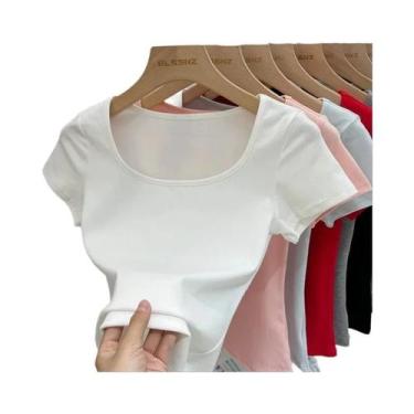 Imagem de Camiseta Feminina De Verão Com Gola Quadrada E Manga Curta Em Cor Sóli