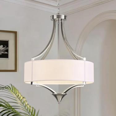 Imagem de Lustre de níquel escovado de 6 luzes lustres modernos de bateria de 50 cm para sala de jantar luminária com sombra de tecido branco grande iluminação pendente para cozinha ilha sala de estar quarto