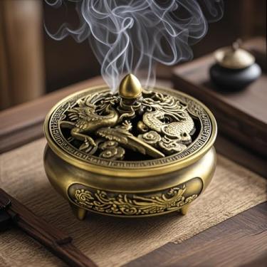 Imagem de Queimador de incenso de metal Dragon Phoenix – Elegante incensário de liga para incenso de cone/bastão | Mini suporte de aromaterapia de 3,9 x 3,2 cm para meditação, ioga, decoração de casa (24,5 g)