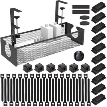 Imagem de Bandeja de gerenciamento de cabos sob a mesa, kit organizador de cabos de aço sem broca com 52 peças de acessórios essenciais diferentes para mesa de escritório em casa (34 cm, preto)