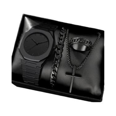 Imagem de Conjunto De Relógio De Quartzo Preto Casual Masculino 4PCS Com Colar, 