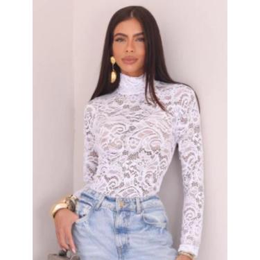 Imagem de Body Gola Alta Feminina Renda Manga Longa - Generica, Branco, Único Ve