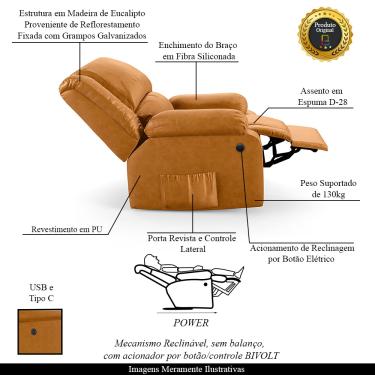 Imagem de Poltrona do Papai Reclinável Melim Controle Power Elétrico USB PU Whisky FH1 - D'Rossi