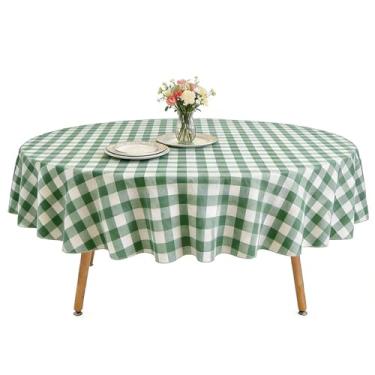 Imagem de OUTCREATOR Toalha de mesa redonda, toalha de mesa de vinil impermeável com forro de flanela, capa de mesa xadrez de búfalo de plástico limpável para festa de aniversário com tema de dinossauro, jantar