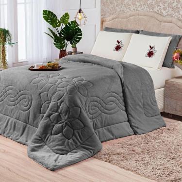 Imagem de Coberdrom Floral Cinza King 3Pçs DuplaFace Manta Microfibra