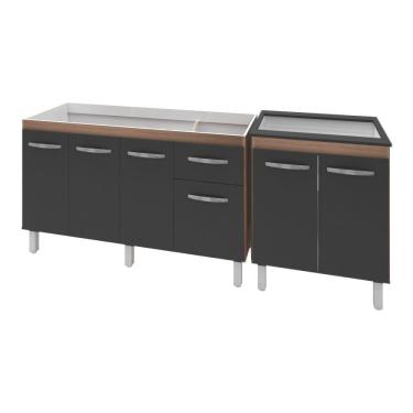 Imagem de Armário Cozinha Gabinete Pia De 140 cm Camile Com Balcão Cooktop 5 Bocas Savana Frente Preta Jade