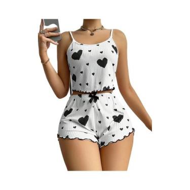 Imagem de Conjunto De Pijama Feminino Fofo Sem Mangas Com Estampa De Coração, Sh