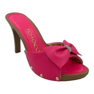 Imagem de Tamanco Tchocco Couro Legítimo Fúcsia Salto Alto Laço Strass 52006-Feminino