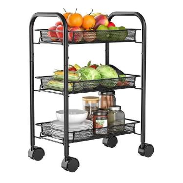 Imagem de Carrinho Organizador Multiuso 3 Cestos Fruteira Porta Cosmeticos Frutas Potes Acessorios Prateleira Com Rodinhas Preto