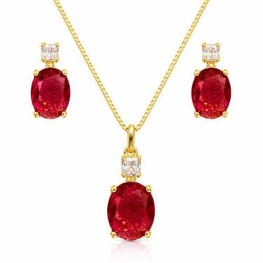 Imagem de Conjunto Colar e Brincos Zircônio Oval Banhado a Ouro 18k - Atraktiva 