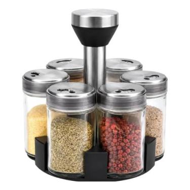 Imagem de Porta Temperos Giratório Inox 360 com 6 Potes de Vidro, Organizador de