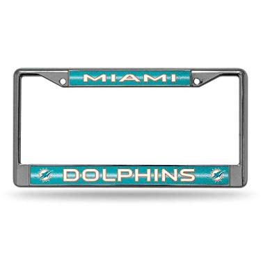 Imagem de Rico Industries Moldura de placa de licença cromada brilhante com detalhes em glitter, Miami Dolphins, 15 x 31 cm