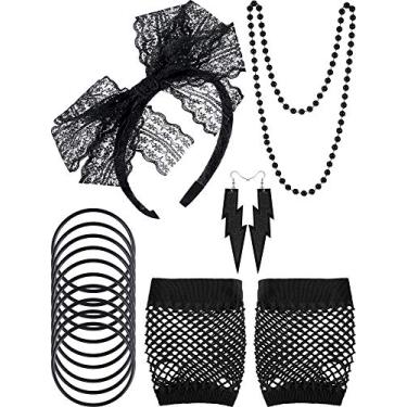 Imagem de Blulu Acessórios femininos anos 80 tiara de renda brincos arrastão luvas colar pulseira para festa retrô dos anos 80 Halloween, Preto, M
