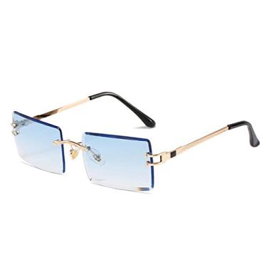 Imagem de Óculos de sol retangulares sem aro para mulheres moda óculos quadrados sem moldura para homens ultraleve uv400 óculos tons unissex, azul dourado, um
