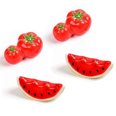 Imagem de 4 peças bonito suporte de pauzinho de cerâmica de tomate melancia criativo frutas pauzinho descanso rack suporte de utensílios para pauzinhos garfos colheres decoração de mesa, vermelho
