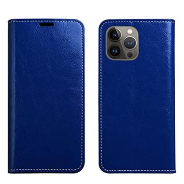 Imagem de YINGDAFENG Capa carteira para iPhone 14/14 Pro/14 Plus/14 Pro Max, capa flip de couro genuíno de vaca com suporte de cartão de crédito função de suporte capa fina de ajuste, azul, 14pro 6,1 polegadas