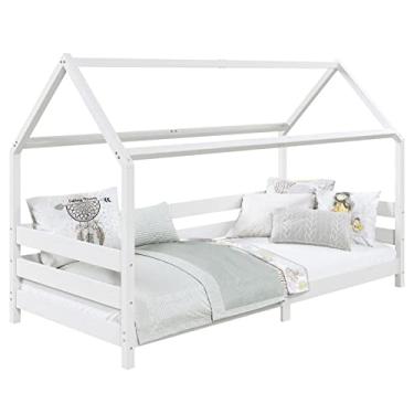 Imagem de IDIMEX Cama Montessoriana Madeira Maciça Casa com Estrado Fina (Branco)
