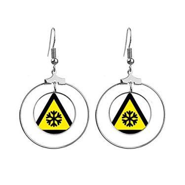 Imagem de Símbolo de aviso amarelo preto neve estrada gelo triângulo brincos pendentes joia gota círculo