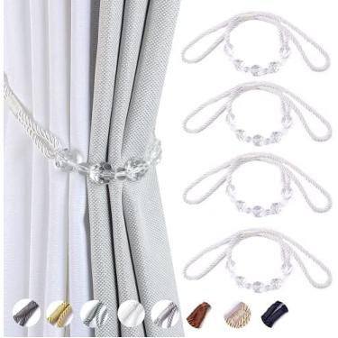 Imagem de Corda De Clipes De Amarras De Cortina, Pacote De 4 Amarras De Cortina Com Cortinas Decorativas Com Contas De Cristal Retenções De Corda De Cortina Feita À Mão,Branco,incomparable13