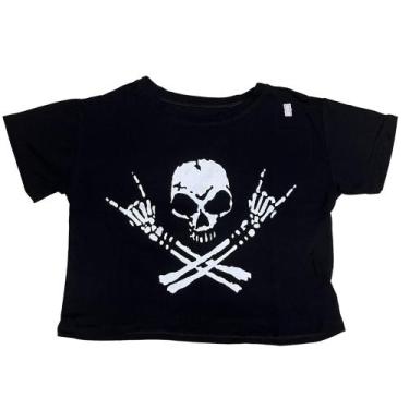 Imagem de Blusa Caveira Caveirinha Rock And Roll Camiseta Cropped Baby Look Femi