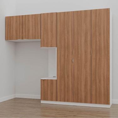 Imagem de Guarda Roupa Modulado de Solteiro com Mesa de Cabeceira Direita 7 Portas 3 Peças Hera Cabecasa Madei Branco Geada/Louro/Cromado