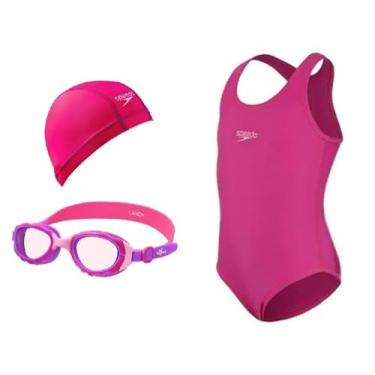 Imagem de Kit Natação Speedo Maiô Infantil + Óculos Candy + Touca Xtrafit Tecido Confortável (maiô 6 anos, óculos lilás)