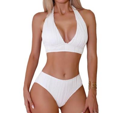 Imagem de MakeMeChic Conjunto de biquíni feminino frente única com decote em V texturizado e costas nuas, Branco, GG