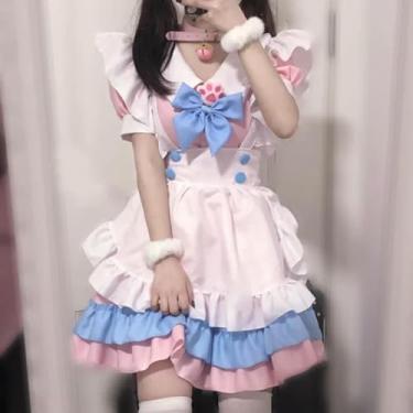 Imagem de JIMINISO Vestido Lolita de manga bufante com laço azul rosa com laço e manga bufante com avental para mulheres fantasias de cosplay de gato fofo de desenho animado