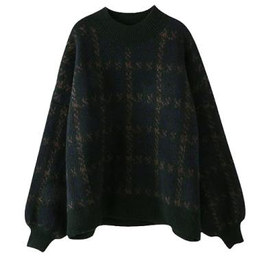 Imagem de Suéter de inverno tricotado xadrez casual vintage suéter feminino solto manga longa pulôver feminino, En8, M
