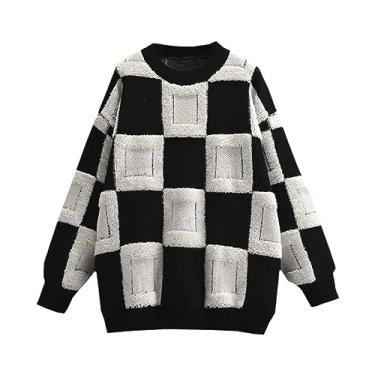 Imagem de Suéter feminino de manga comprida com costura xadrez gola redonda outono inverno grosso suéter de malha quente, Preto, XX-Large