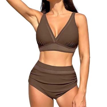 Imagem de Conjunto de roupa de banho feminino cropped com triângulo, conjunto de 2 peças com nó de amarrar e shorts femininos 2024 na moda, P-510 marrom, XXG