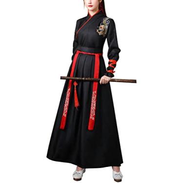 Imagem de Vestido feminino chinês antigo espada Hanfu terno tradicional kungfu roupas de cavaleiro roupas de artes marciais asiáticas (G, 12-preto)