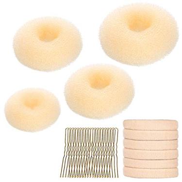Imagem de Conjunto de toucador de cabelo, YaFex Donut Bun Maker 4 peças (1 grande, 2 médio e 1 pequeno), 5 peças de laços de cabelo elásticos, 20 peças de grampos de cabelo Bobby, Blonde, Small Medium Large