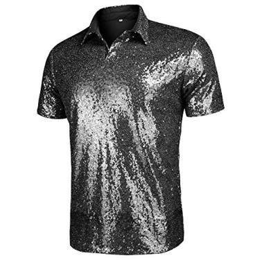 Imagem de AstoSeu Camiseta polo masculina de manga curta com lantejoulas brilhantes dos anos 70 para discoteca brilhante P-3GG, Preto, XG