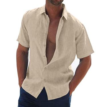 Imagem de Angbater Camisas masculinas de linho de algodão manga curta casual com botões camisa havaiana verão praia para homens, Bege, G