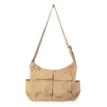 Imagem de Bolsa tiracolo feminina masculina grande com vários bolsos bolsa carteiro de lona para mulheres e homens, Cáqui claro, Free