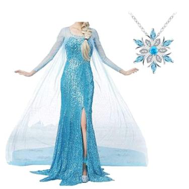 Imagem de kuisen Vestido de princesa da rainha da neve para mulheres adultas fantasia festa fantasia Halloween cosplay Costum, Azul, 3G