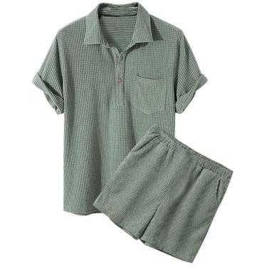 Imagem de Eisctnd Camisa masculina casual de praia de veludo cotelê de manga curta para verão, cor lisa, camisa de botão elegante, Verde, X-Large