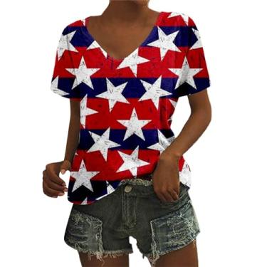 Imagem de Camiseta feminina moderna gola redonda manga curta Dia da Independência estampa americana camiseta de corrida manga longa feminina, Caqui, M