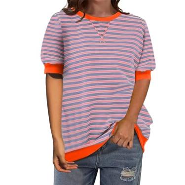 Imagem de Camisetas femininas grandes listradas coloridas estampadas manga curta casual verão blusas soltas, #04 - Laranja, G