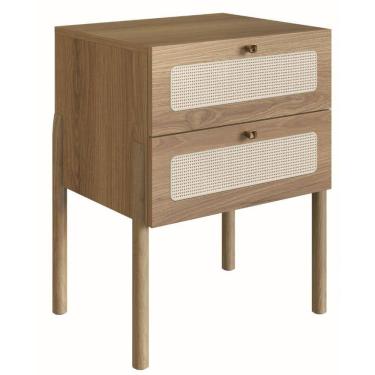 Imagem de Mesa de Cabeceira Oslo Artesano 48 cm (largura) em MDP Palha Natural Duas Gavetas Base Metal
