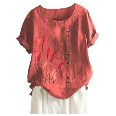 Imagem de Lainuyoah Camisetas femininas vintage estampadas de linho gola redonda boêmio estampado/bordado na moda blusas de manga enrolada, C - rosa, M