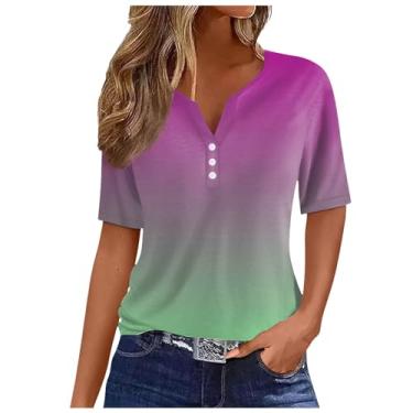 Imagem de Camisetas femininas de verão 2024 com botões e gola V e manga curta casual Henley solta e confortável, Ofertas relâmpago roxo, XXG