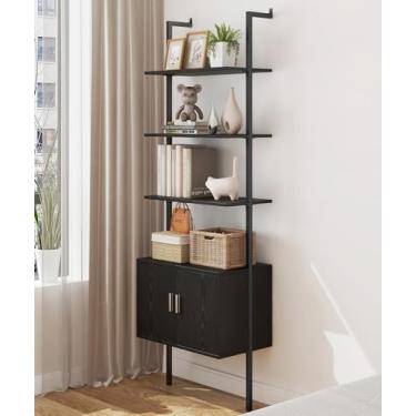 Imagem de Yusong Estante de livros de 185 cm de altura com armário, prateleira de parede de escada industrial com moldura de madeira e metal, expositor de armazenamento de parede para sala de estar e quarto,